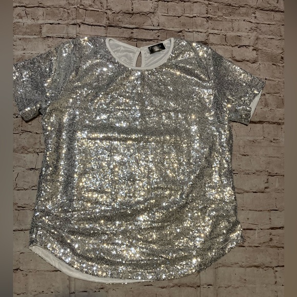 NWOT Spadehill sparkly Silver sequin party short sleeve top size XL - Picture 2 of 10